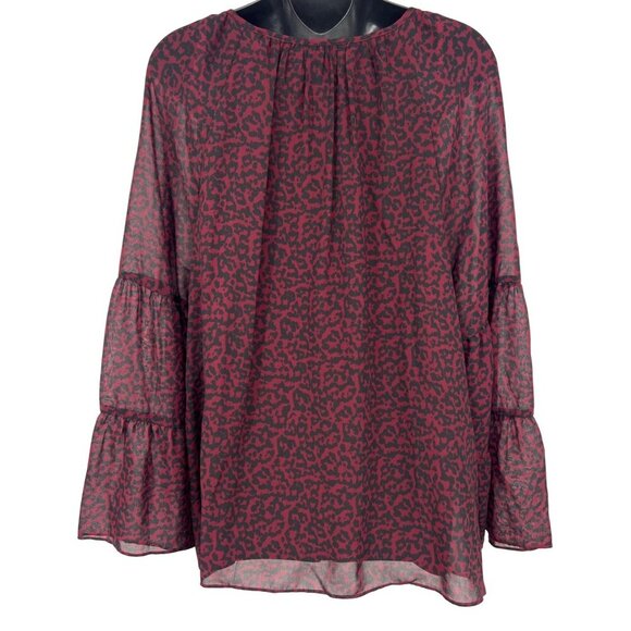 JM Collection Women XL Cherry Pie Red Black Leopard Blouse Long Bell Sleeve New - Picture 5 of 9